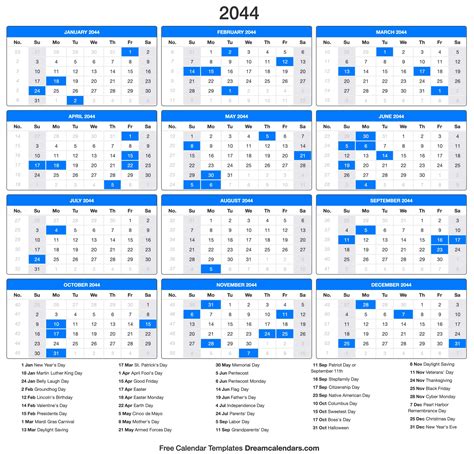 2044|Calendar for Year 2044 (United States)